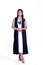 Sleeveless Embroidery Jacket with Stripe Dress Co-Ord Set