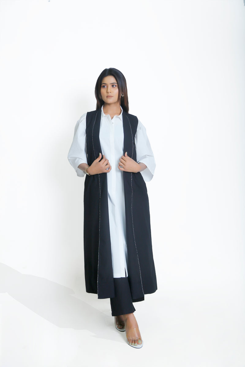 Side Placket Shirt Co-Ord Set of 3 with Sleeveless Embroidery Jacket