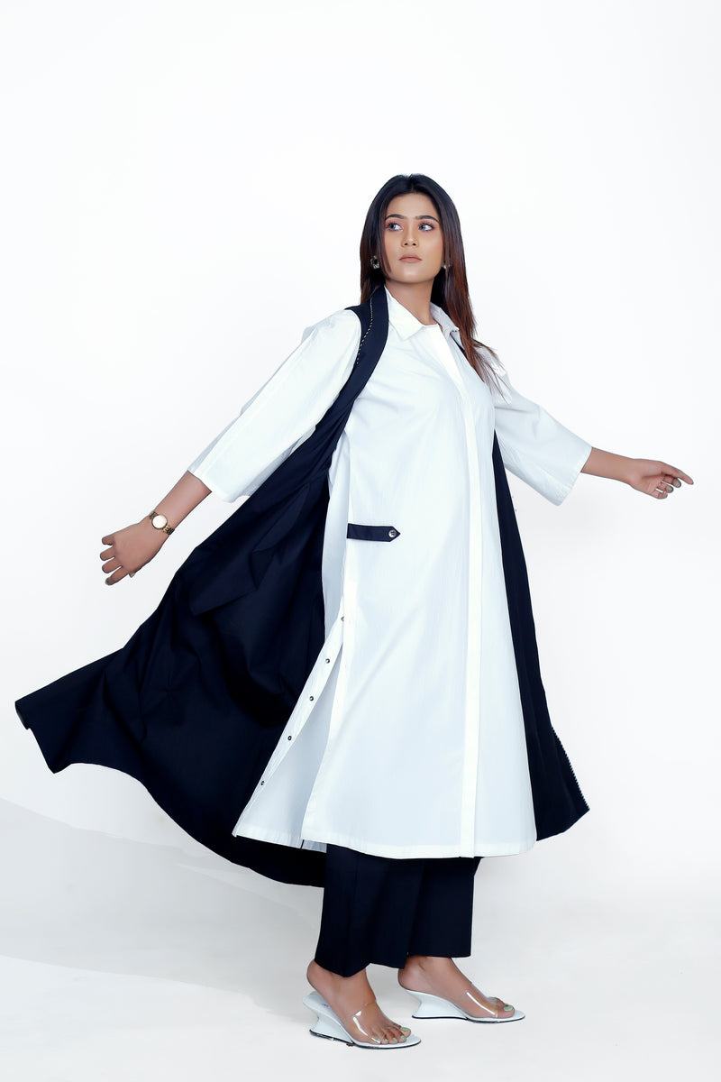 Side Placket Shirt Co-Ord Set of 3 with Sleeveless Embroidery Jacket