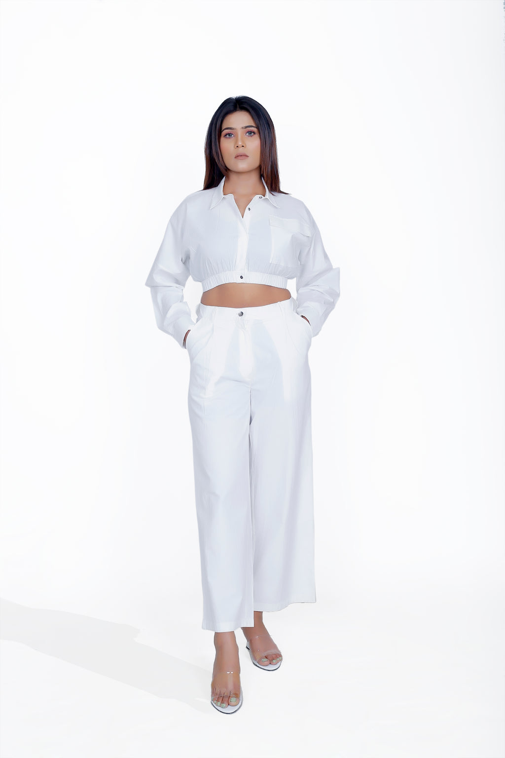 SHIRT COLLAR CROP TOP+STRAIGHT PANT