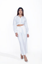 SHIRT COLLAR CROP TOP+STRAIGHT PANT