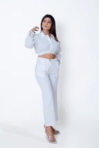 SHIRT COLLAR CROP TOP+STRAIGHT PANT