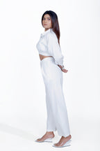 SHIRT COLLAR CROP TOP+STRAIGHT PANT