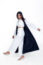 White Shirt Collar Crop Top with Straight Pant & Black Overlay Co-Ord Set Set of 3