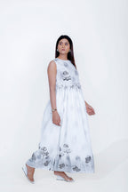 White Cotton Poplin Waist Gather Dress