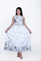 White Cotton Poplin Waist Gather Dress