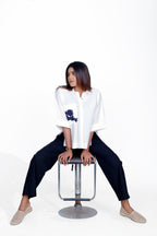 print Pocket Cotton Shirt with Black Straight Fit Pant Co-Ord Set