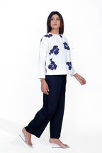 Print Gather Cotton Top with Black Straight Fit Pant Co-Ord Set