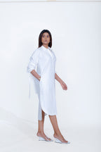 White Cotton Poplin Side Placket Shirt Dress