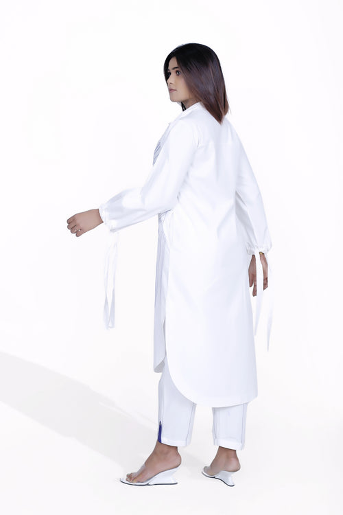 Cancel Placket Cotton Shirt with White Linear Embroidery Pant Co-Ord Set