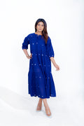 Navy Blue Cotton Mul Round Neck Waist Gather Dress