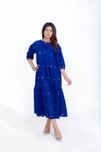 Navy Blue Cotton Mul Round Neck Waist Gather Dress