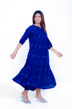 Navy Blue Cotton Mul Round Neck Waist Gather Dress