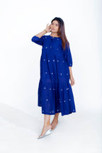 Navy Blue Cotton Mul Round Neck Waist Gather Dress