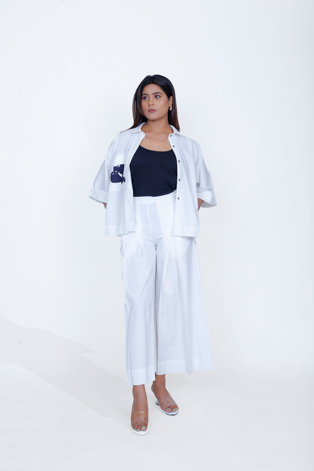 PRINT POCKET SHIRT WITH INVERTED PLEAT PANT & SLIP
