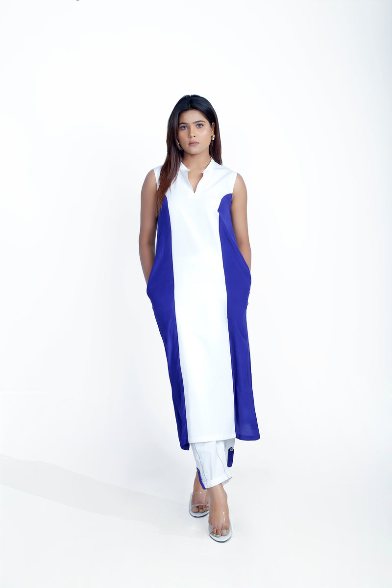 White & Navy Blue Cotton Poplin V-Neck Collar Dress