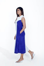 White & Navy Blue Cotton Poplin V-Neck Collar Dress