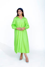 Parrot Green Cotton Poplin V-Neck Dress