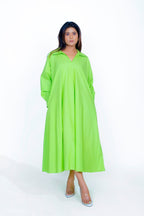 Parrot Green Cotton Poplin V-Neck Dress