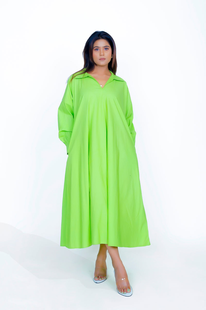 Parrot Green Cotton Poplin V-Neck Dress