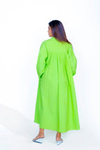 Parrot Green Cotton Poplin V-Neck Dress