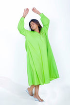 Parrot Green Cotton Poplin V-Neck Dress