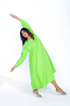 Parrot Green Cotton Poplin V-Neck Dress